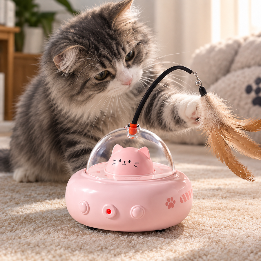 FurElite Smart UFO cat teaser toy in Cherry Blossom Powder pink color with feather wand and bell